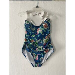 Ralph Lauren Womens 12 Halter Bel Air Shirred Swimsuit One Piece Blue Pin Up